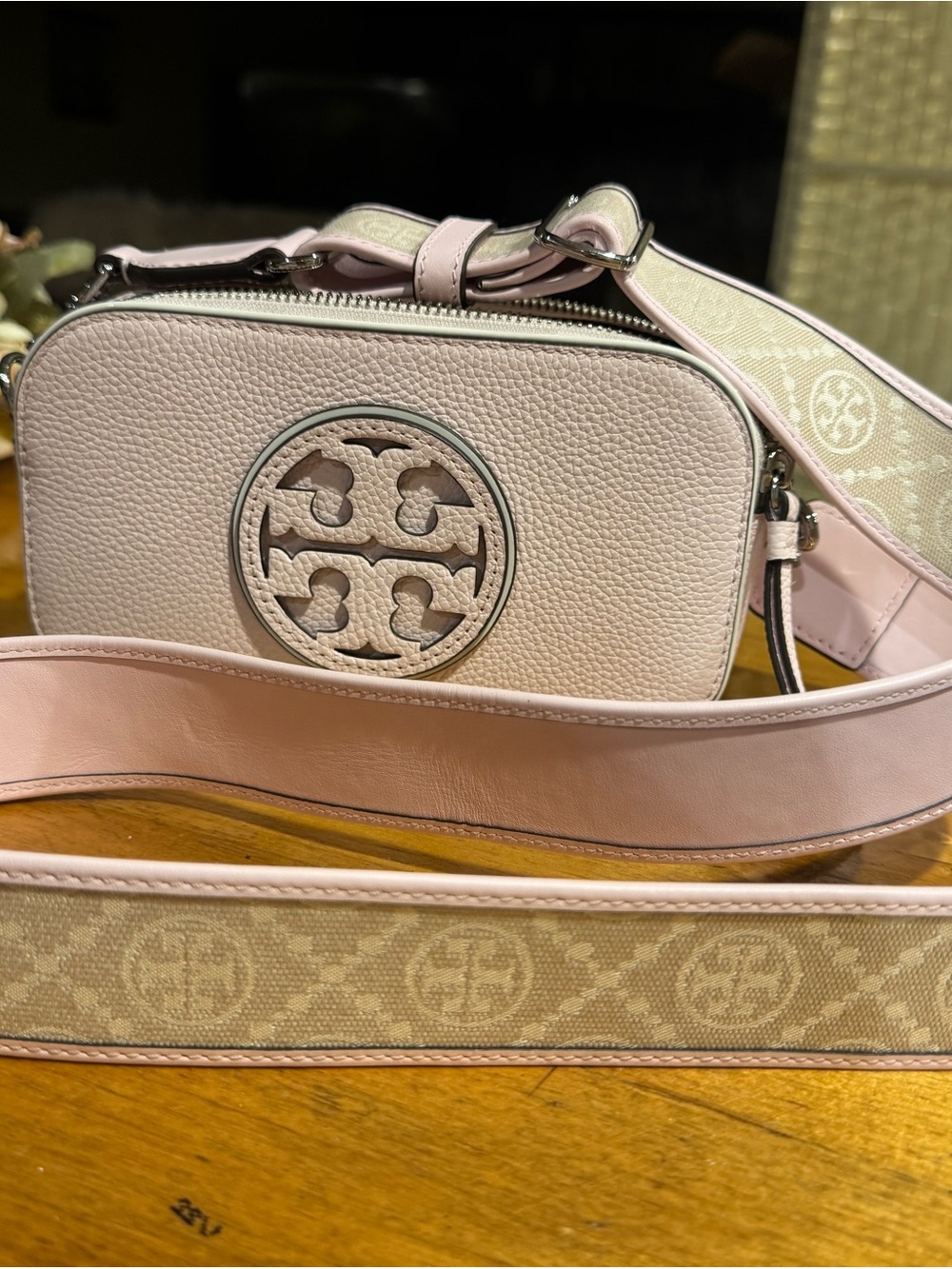 Tory Burch soft Pink Leather mini Miller Crossbody bag with TB Logo Strap